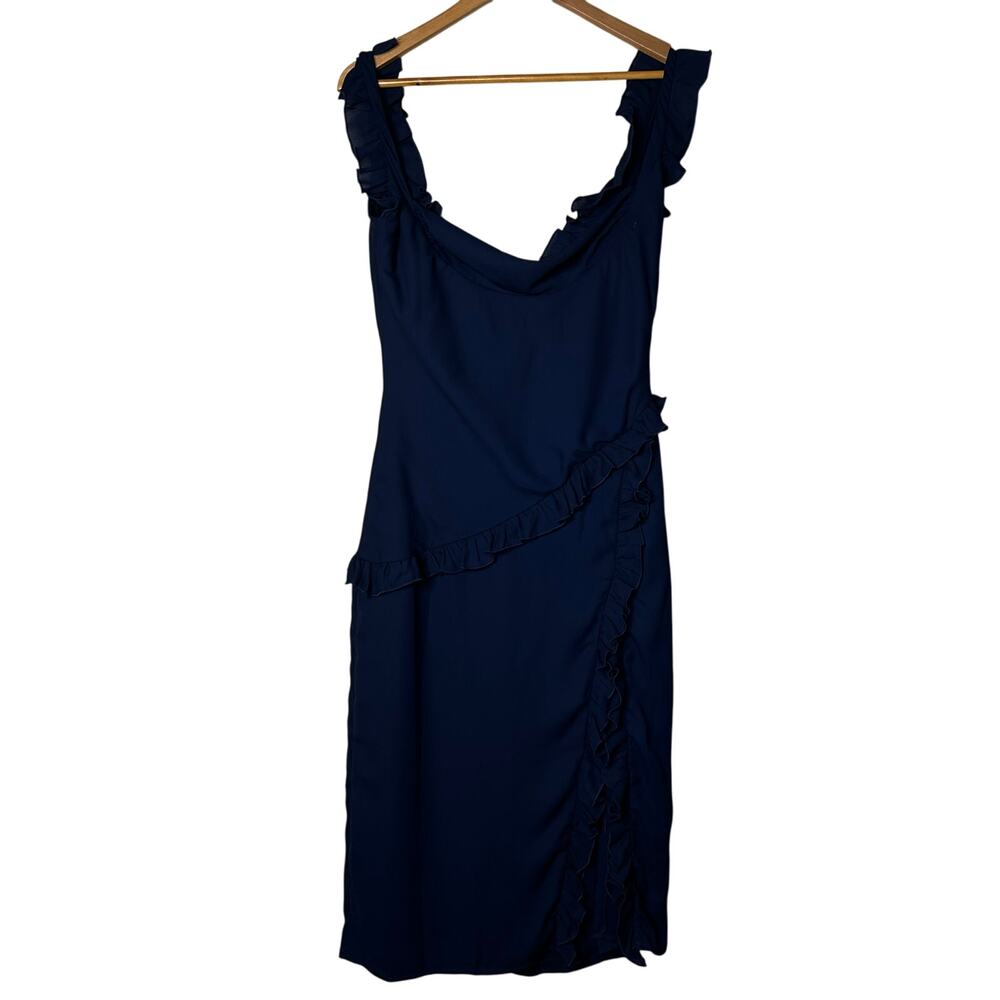 Lucy in the Sky Dress Size M Chiffon Ruffle Navy Knee Length Slit Party Wedding